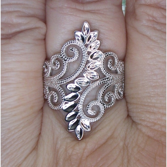 925 STERLING SILVER Leaves & Scrolls Filigree Statement Ring - Picture 14 of 16